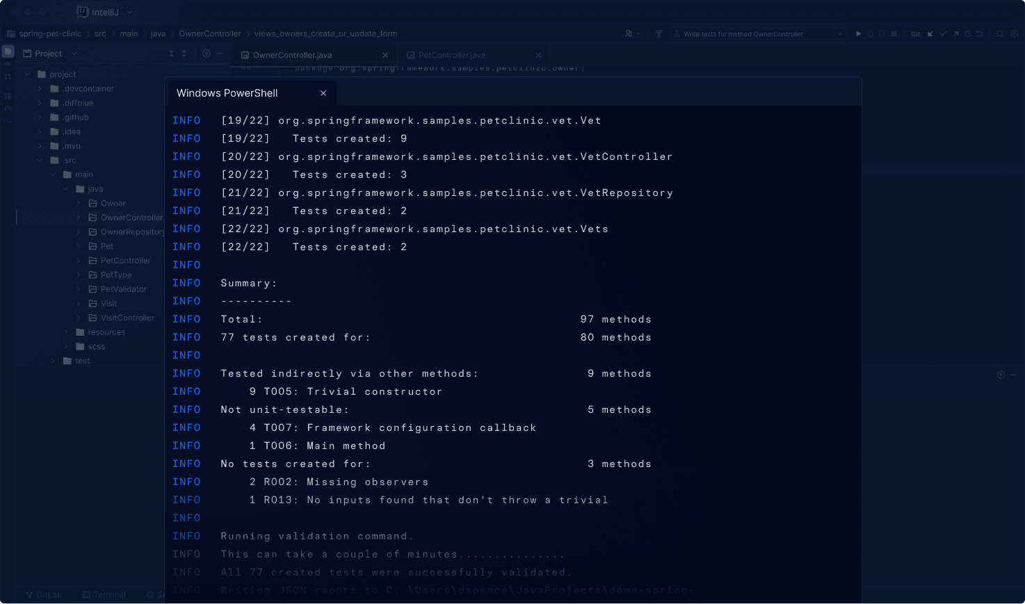 Screenshot of a shell window creating unit tests autonomously