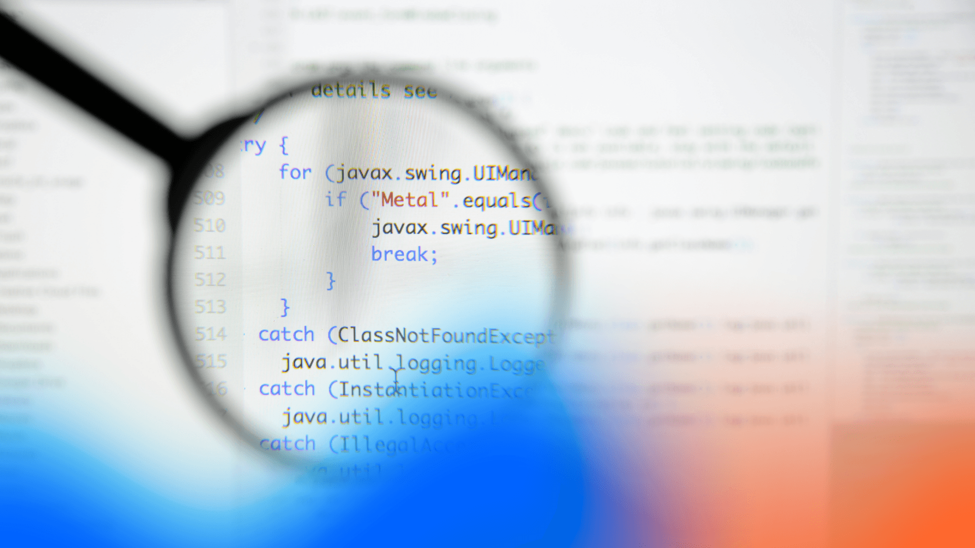 Magnifying glass inspecting Java code