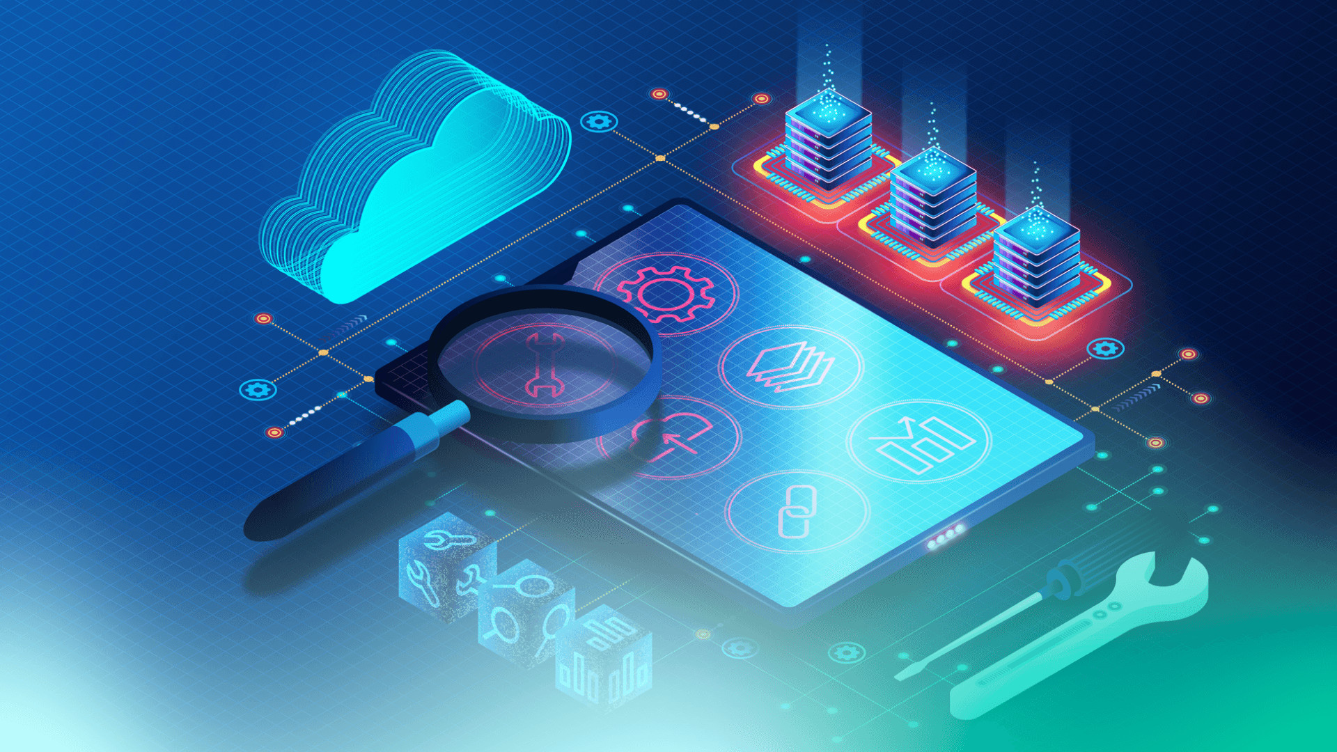 Magnifying glass inspecting microservices for a Java application modernization project in the cloud